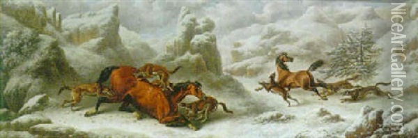 Two Horses Being Chased By Wolves In A Landscape Oil Painting - Charles Towne the Younger