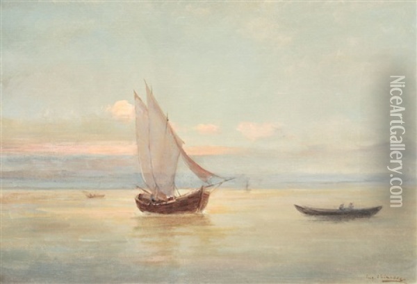 Boats At Sunset Oil Painting - Eugen (Cean) Voinescu