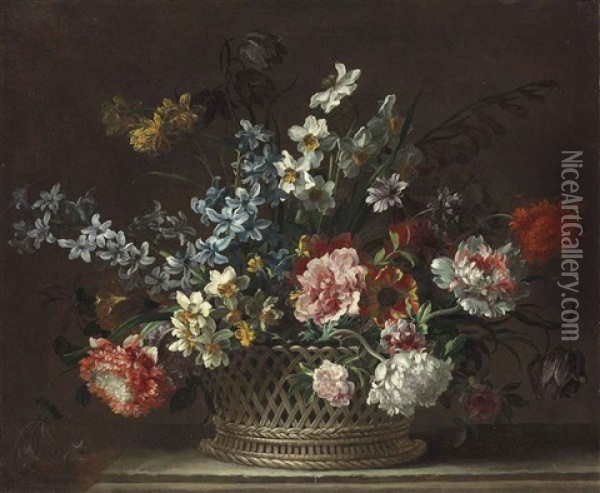 Roses, Daffodils, Hyacinths, Anemones, Fritillaries And Other Flowers In A Woven Basket On A Stone Ledge Oil Painting - Jean-Baptiste Monnoyer