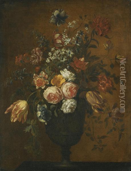 A Still Life With Roses, Tulips And Other Flowers In A Bas Relief Vase On A Stone Ledge Oil Painting - Hieronymus Galle I