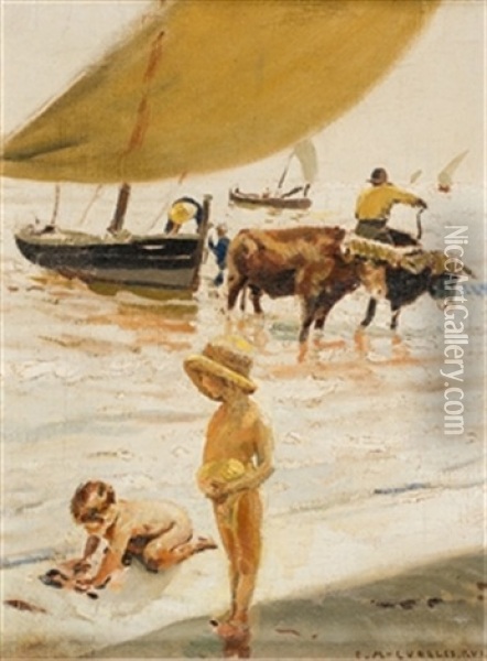 Ninos En La Playa Oil Painting - Enrique Martinez Cubells y Ruiz