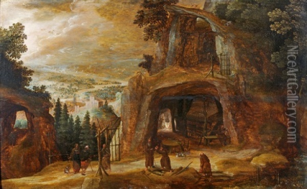 Moines Dans Une Grotte Surplombant Une Vallee Oil Painting - Joos de Momper the Younger