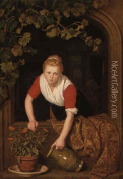A Young Woman Watering Flowers Oil Painting - Pieter Christoffel Wonder