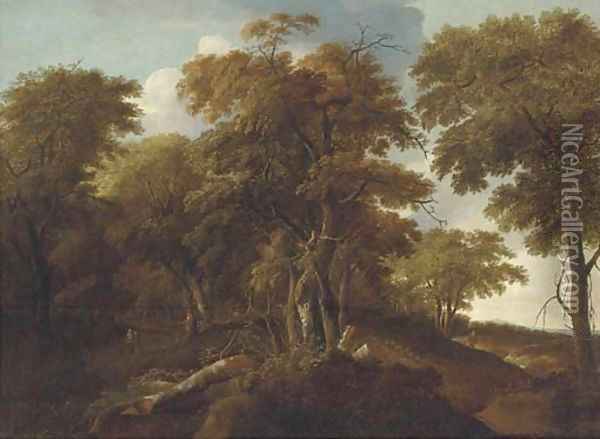 An extensive wooded landscape with travellers on a track Oil Painting - Jan Lagoor