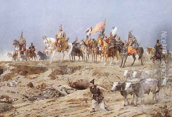 Conquest detail- Prince Arpad and his chieftains 1895 Oil Painting - Arpad Feszty