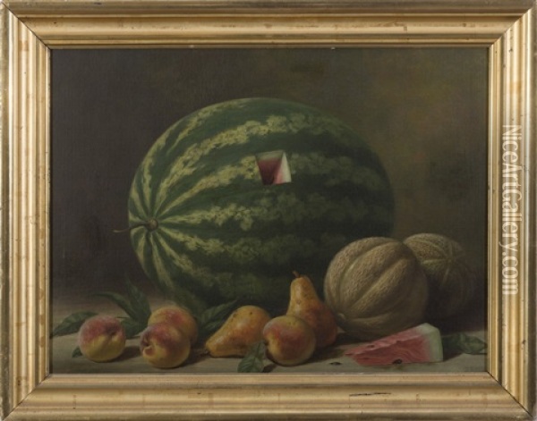 Still Life With Watermelon, Cantaloupes, Pears And Peaches Oil Painting - Albert Francis King