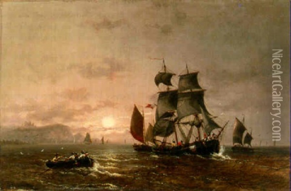 Shipping In The Tyne At Sunset Oil Painting - John Wilson Carmichael