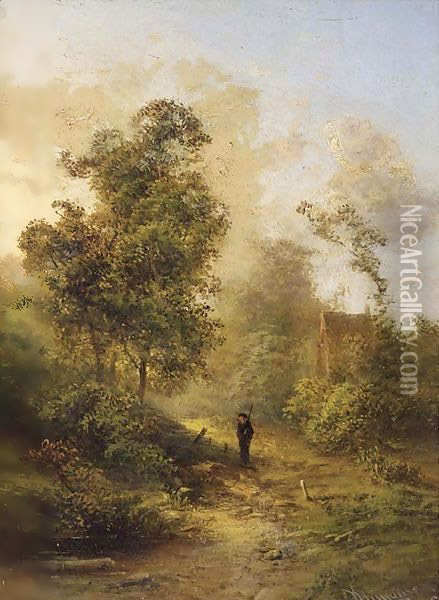 A hunter walking on a forest path Oil Painting - Pieter Lodewijk Francisco Kluyver