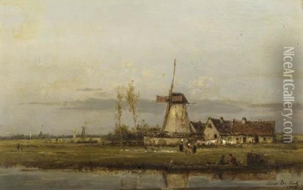Washerwomen At Work By A Windmill Oil Painting - Cesar De Cock