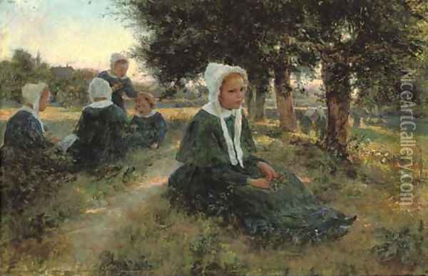Girls in a meadow Oil Painting - Cesare Saccaggi