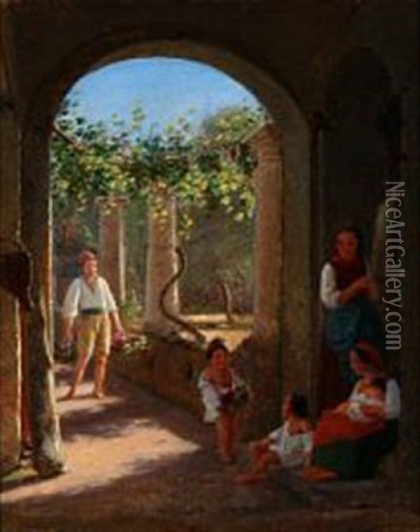 A Scene From An Italian Loggia Oil Painting - Julius Friedlaender