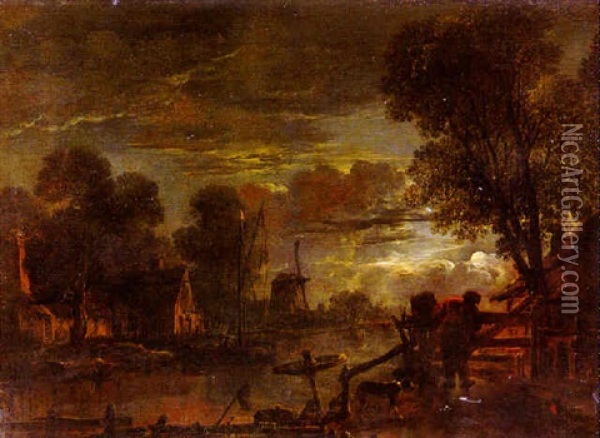 A Moonlight River Landscape Oil Painting - Aert van der Neer