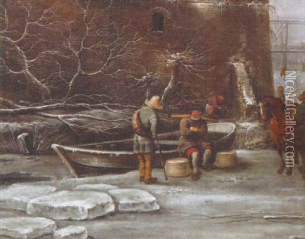 Vinterbild Med Tva Man Vid Bat Oil Painting - Nicolaes Molenaer
