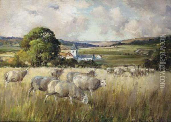 Sheep Grazing Oil Painting - Henry Morley