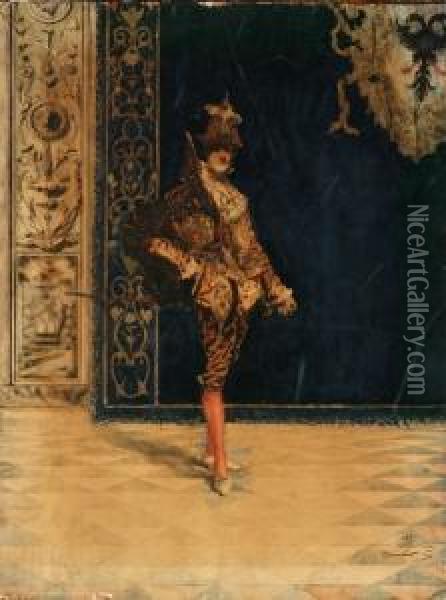 Figura In Costume Settecentesco E Stemma Araldico Sullo Sfondo Oil Painting - Giovanni Signorini