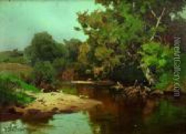 Flusslandschaft. Oil Painting - Josef Willroider