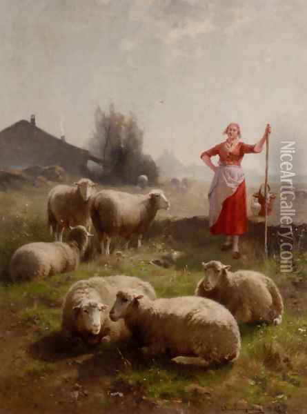 A Shepherdess And Her Flock Oil Painting - Cornelis van Leemputten