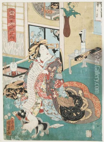 Prent Uit De Reeks Hedendaagse Schoonheden Op Dezelfde Wijzeafgebeeld In Hun Prive Vertrekken Oil Painting - Utagawa Kunisada