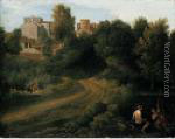 Classical Landscape With Figures Near A Bridge Leading To A Village Oil Painting - Gaspard Dughet Poussin