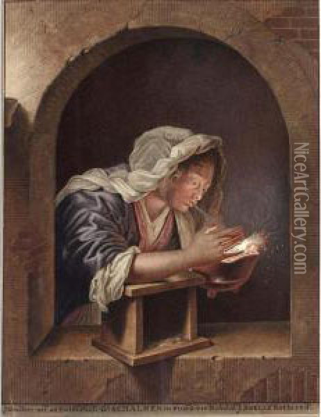 A Woman In A Niche Blowing On Coals In An Earthware Pot Oil Painting - Jan Stolker