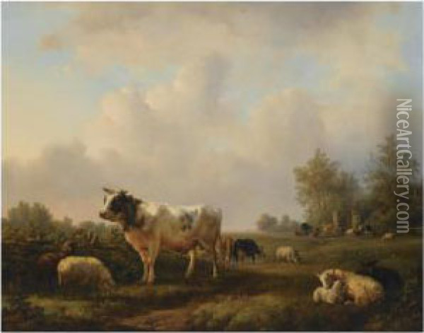 Cattle In A Summer Landscape Oil Painting - Jan Bedijs Tom