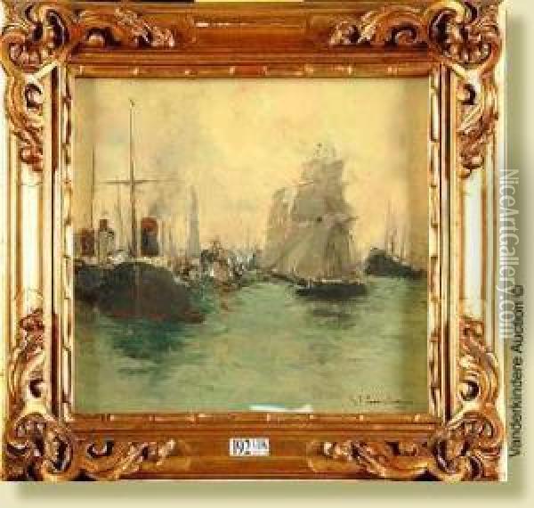 Vue De Port Oil Painting - Gustave Flasschoen