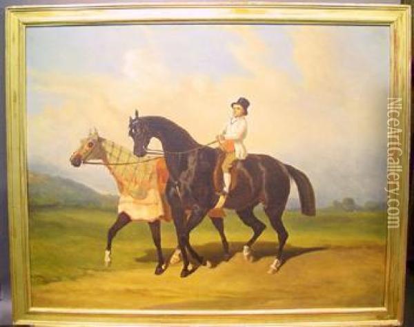 Groom Leading Two Horses In A Landscape Oil Painting - Alfred De Dreux
