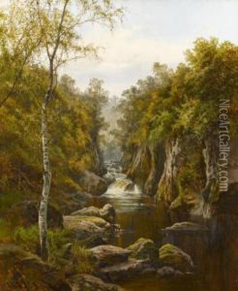 A Sequestered Waterfall Oil Painting - Charles Wilda
