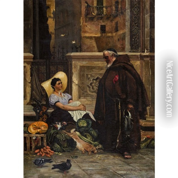 Marktfrau Und Monch Mit Ente Oil Painting - Alfred Henri Berthoud