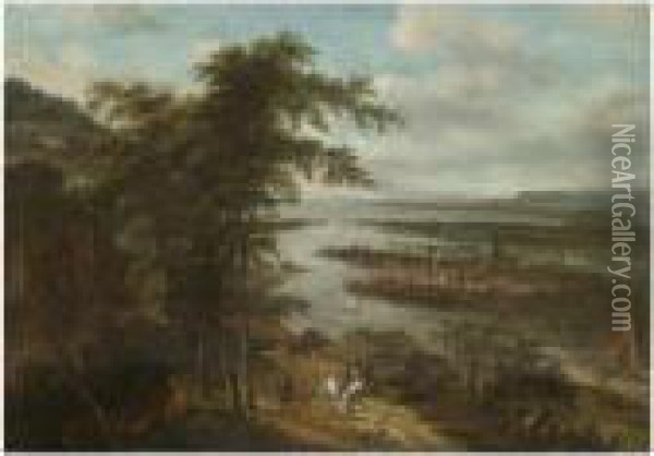 An Extensive River Landscape With Huntsmen In The Foreground, Atown Beyond Oil Painting - Dionys Verburgh