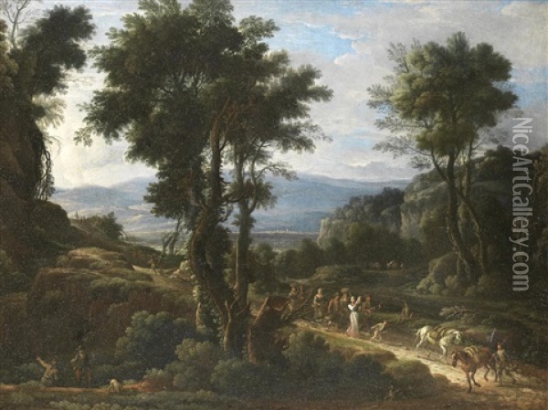 An Italianate Landscape With Huntsmen In The Foreground And A Procession Of Travellers On A Path Beyond Oil Painting - Pandolfo Reschi