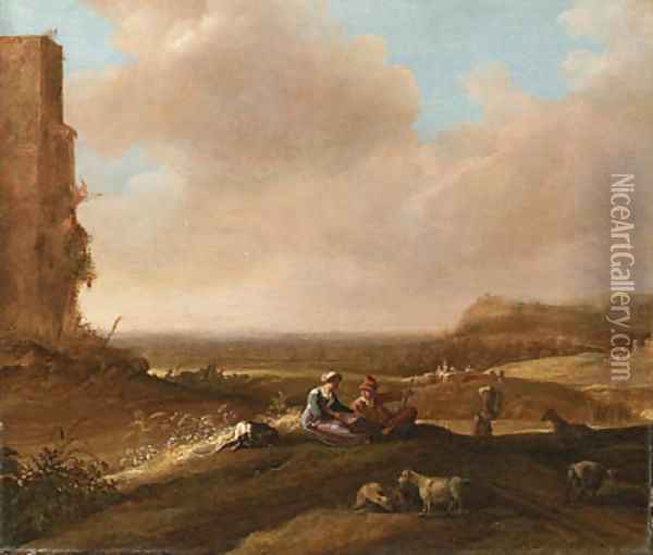 A Shepherd and Shepherdess with a Dog and Sheep in an extensive Landscape Oil Painting - Bartholomeus Breenbergh