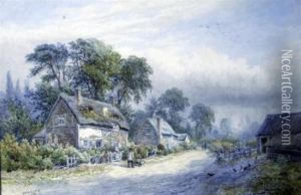 Thatched Half Timbered Cottages With Countryfolk Oil Painting - William Wilde