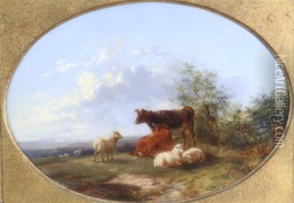 Cattle And Sheep By A Tree Oil Painting - Henry Hillier Parker