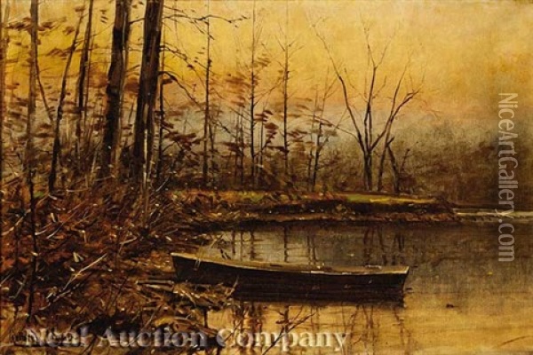 Autumn Scene, Pond And Boat Oil Painting - Gilbert Gaul