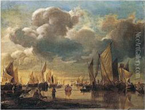 Dutch Shipping Offshore In A 
Calm, With A Dignitary Being Conveyed In A Rowing Boat To A States Yacht Oil Painting - Hendrick Dubbels