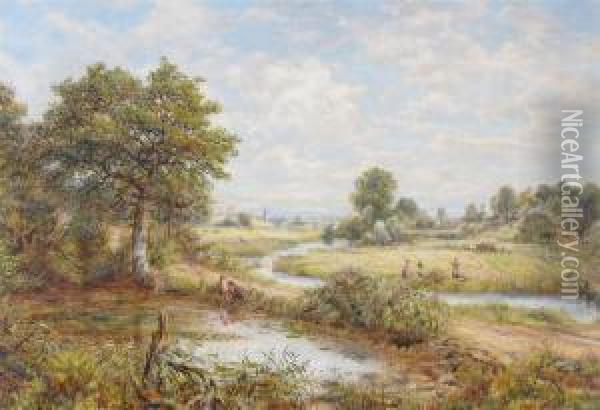 A River Landscape With Figures Haymaking Oil Painting - George William Mote