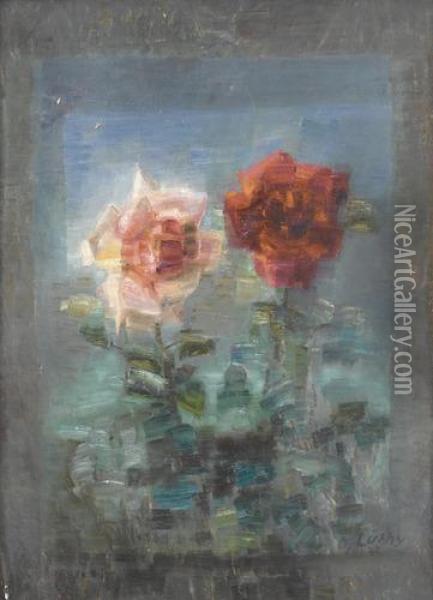Zwei Rosen Auf Grunem Grund. Oil Painting - Oskar Wilhelm Luthy