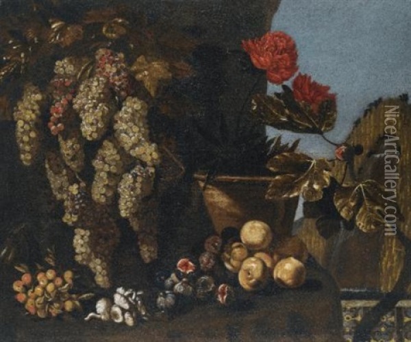Still Life With Hanging Grapes On The Vine, Figs And Fungi In A Garden Setting Oil Painting - Giovanni Battista Ruoppolo