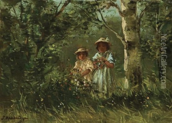 Bloemplukkende Meisjes Oil Painting - Johannes Evert Hendrik Akkeringa