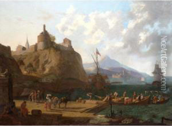 A Mediterranean Harbour Scene With Numerous Figures On A Quay Beneath A Fort Oil Painting - Adriaen Van Der Kabel