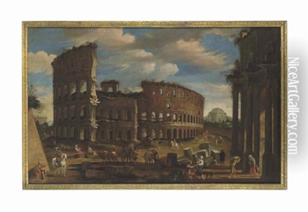 An Architectural Capriccio With Figures Bustling Before The Colosseum Oil Painting - Viviano Codazzi
