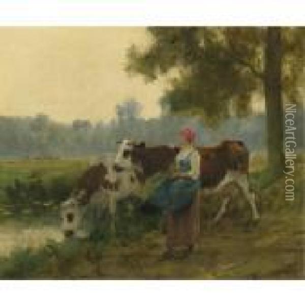 Young Maid With Her Cows At The Water's Edge Oil Painting - Julien Dupre