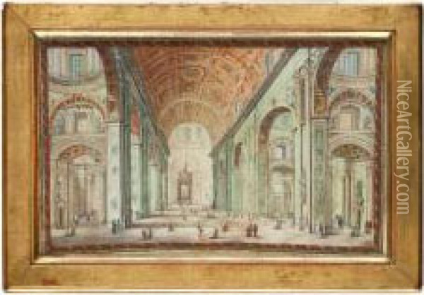 Interno Di San Pietro In Vaticano 
Porticato Di San Pietro In Vaticano Oil Painting - Francesco Panini