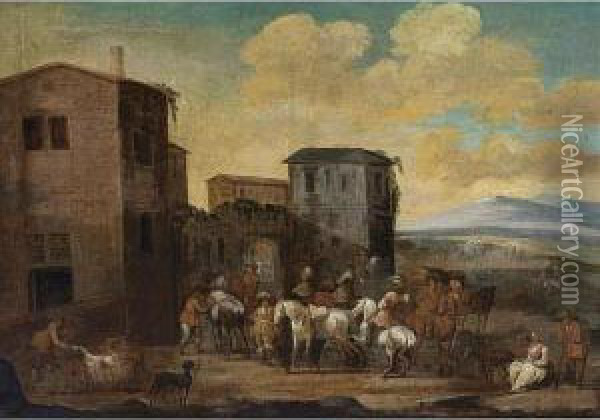 An Italianate Landscape With Horsemen Resting In Front Of Houses Oil Painting - Hendrick Mommers
