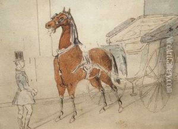 Study Of A Horse And Carriage With Attendant Oil Painting - Constantin Guys