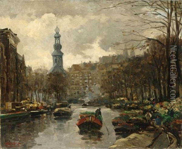 The Flowermarket, Amsterdam Oil Painting - Herman Heuff