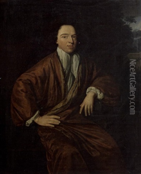 Portrait D'une Homme De Qualite, Assis Et Accoude Dans Un Parc, Portant Chemise Et Cravate Blanches Oil Painting - Thomas van der Wilt