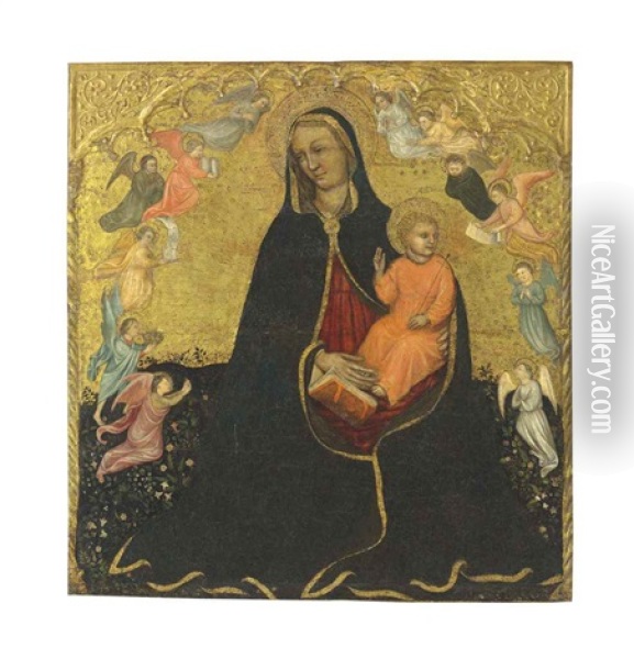 The Madonna And Child Surrounded By Angels In A Meadow Oil Painting - Jacobello Del Fiore