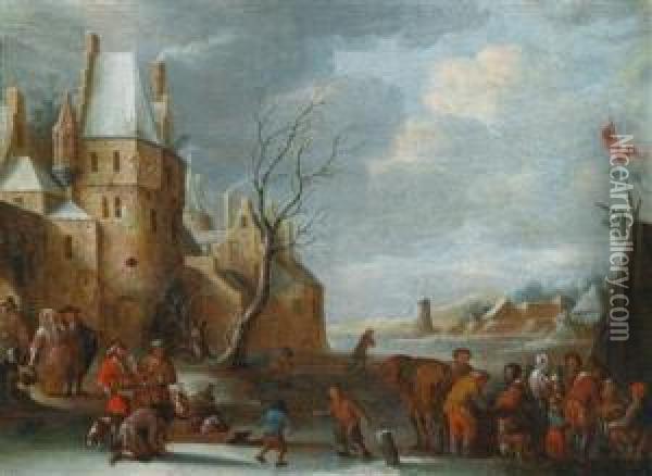 Eisvergnugen Vor Den Toren Eines Hollandischen Stadtchens Oil Painting - Pieter Van Mase